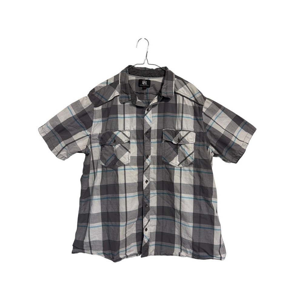 Rock‎ & Republic Button Down Shirt Mens XXL Gray Plaid Short Sleeve Western